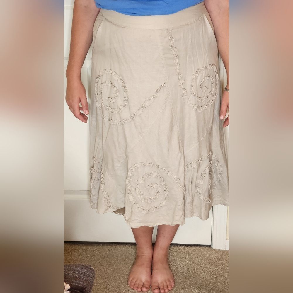 Saint Tropez West 12 Cream LINEN CottonLined Embrdrd Zipp Pocket Women MidiSkirt